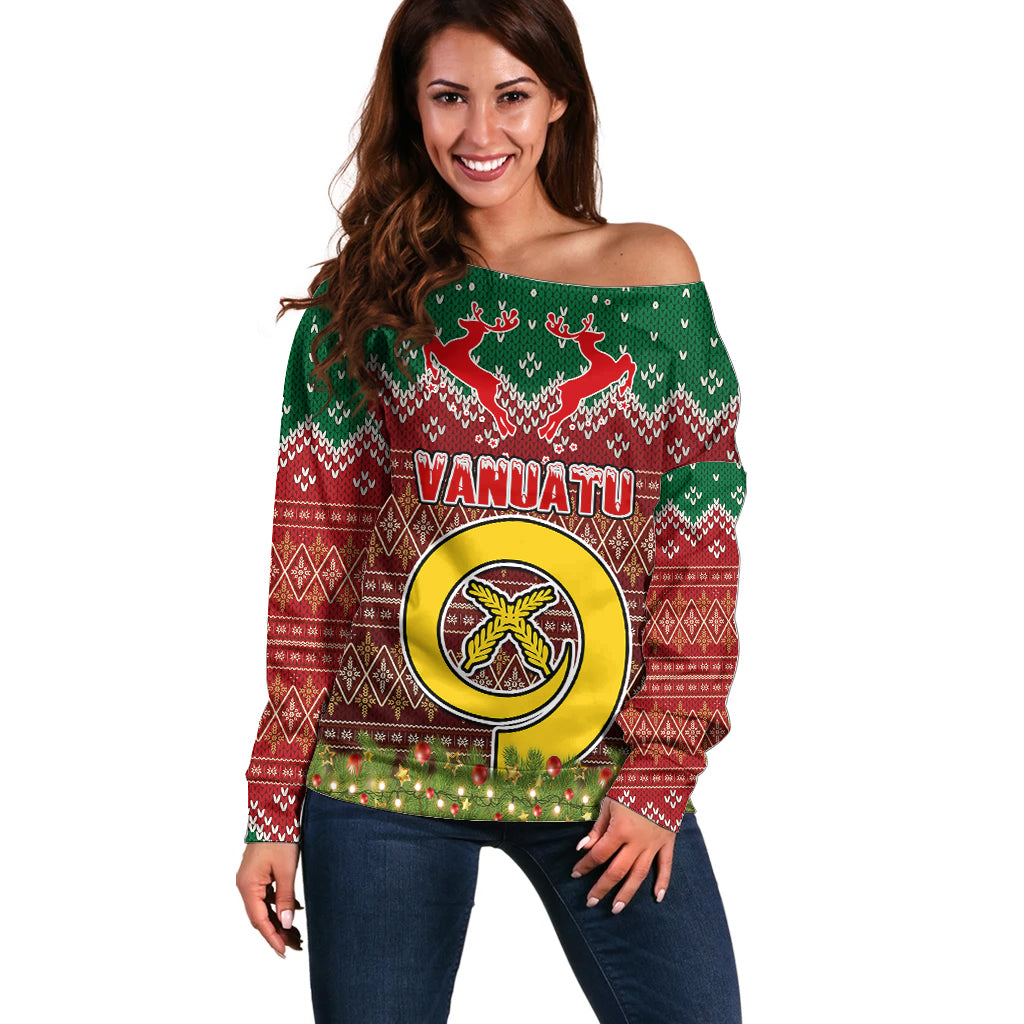 Personalised Vanuatu Christmas Off Shoulder Sweater Pig Tusk Beautiful Merry Xmas Snowflake LT03 Women Red - Polynesian Pride