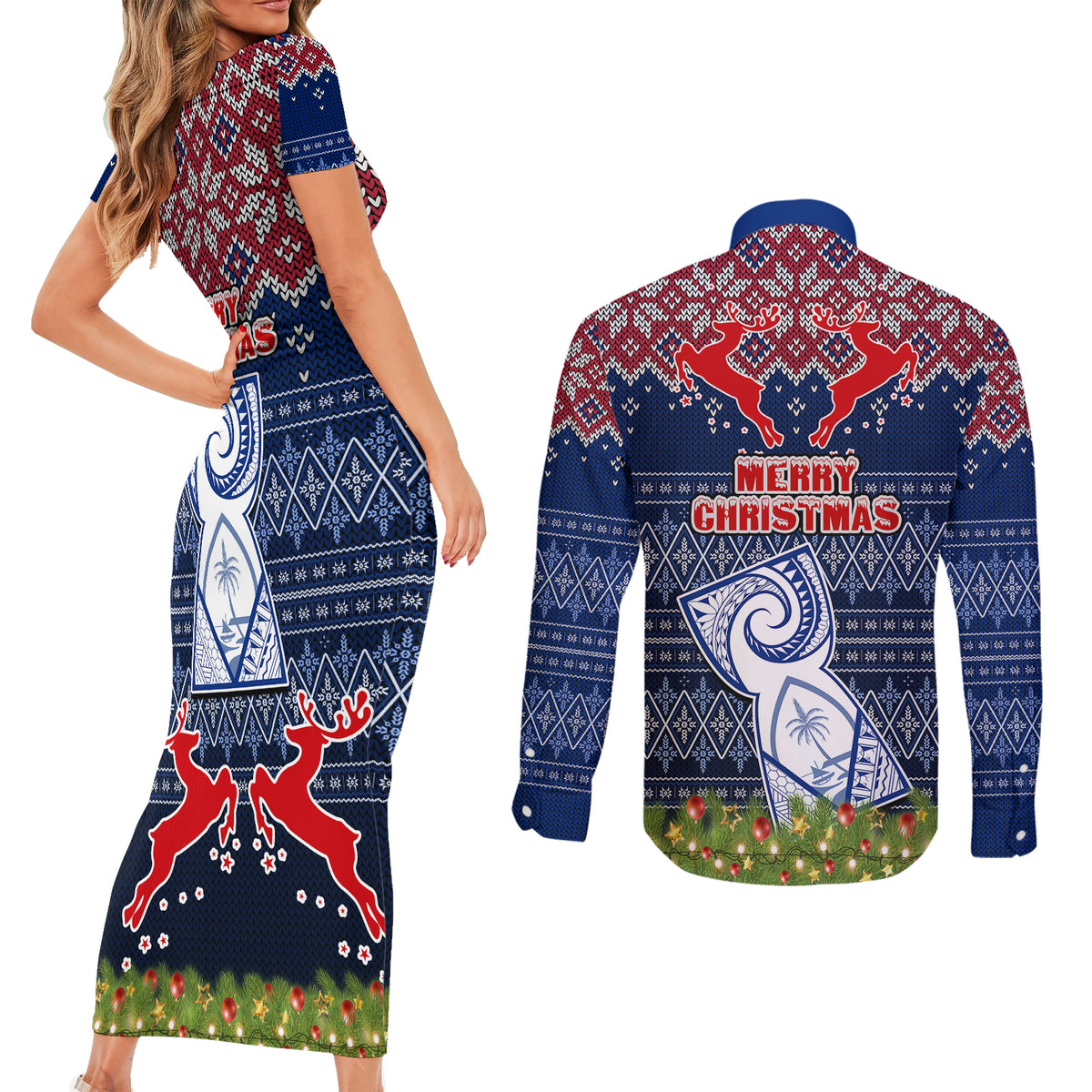 Guam Christmas Couples Matching Short Sleeve Bodycon Dress and Long Sleeve Button Shirts Chamorro Guam Tattoos Beautiful Merry Xmas Snowflake LT03 - Polynesian Pride