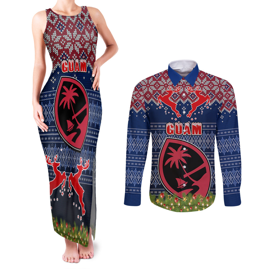Guam Christmas Couples Matching Tank Maxi Dress and Long Sleeve Button Shirts Chamorro Guam Tattoos Beautiful Merry Xmas Snowflake LT03 Blue - Polynesian Pride