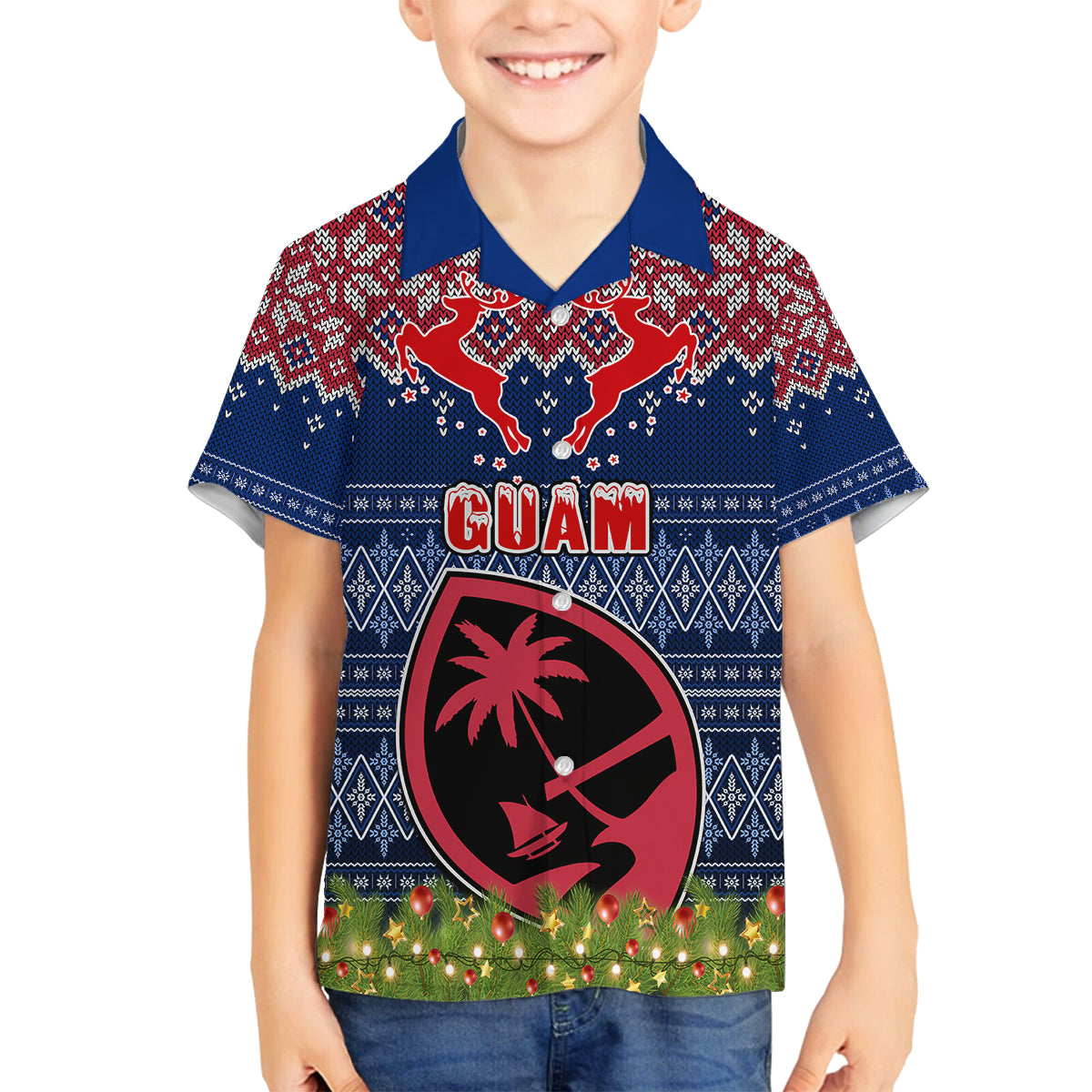 Guam Christmas Family Matching Puletasi Dress and Hawaiian Shirt Chamorro Guam Tattoos Beautiful Merry Xmas Snowflake LT03 Son's Shirt Blue - Polynesian Pride