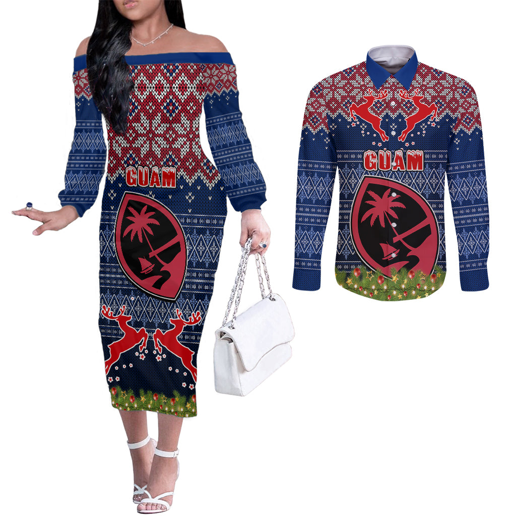 Personalised Guam Christmas Couples Matching Off The Shoulder Long Sleeve Dress and Long Sleeve Button Shirts Chamorro Guam Tattoos Beautiful Merry Xmas Snowflake LT03 Blue - Polynesian Pride