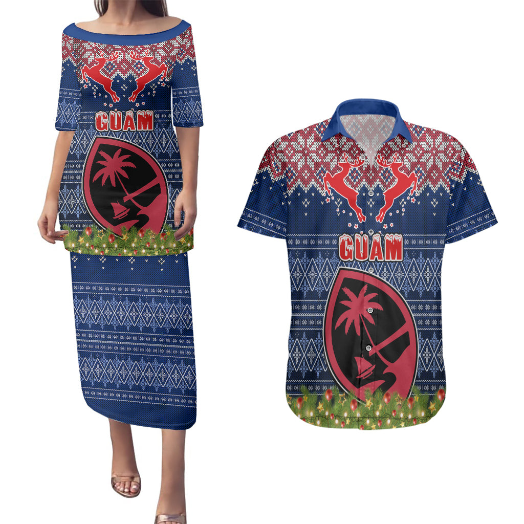 Personalised Guam Christmas Couples Matching Puletasi Dress and Hawaiian Shirt Chamorro Guam Tattoos Beautiful Merry Xmas Snowflake LT03 Blue - Polynesian Pride