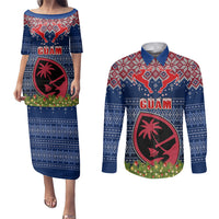 Personalised Guam Christmas Couples Matching Puletasi Dress and Long Sleeve Button Shirts Chamorro Guam Tattoos Beautiful Merry Xmas Snowflake LT03 Blue - Polynesian Pride