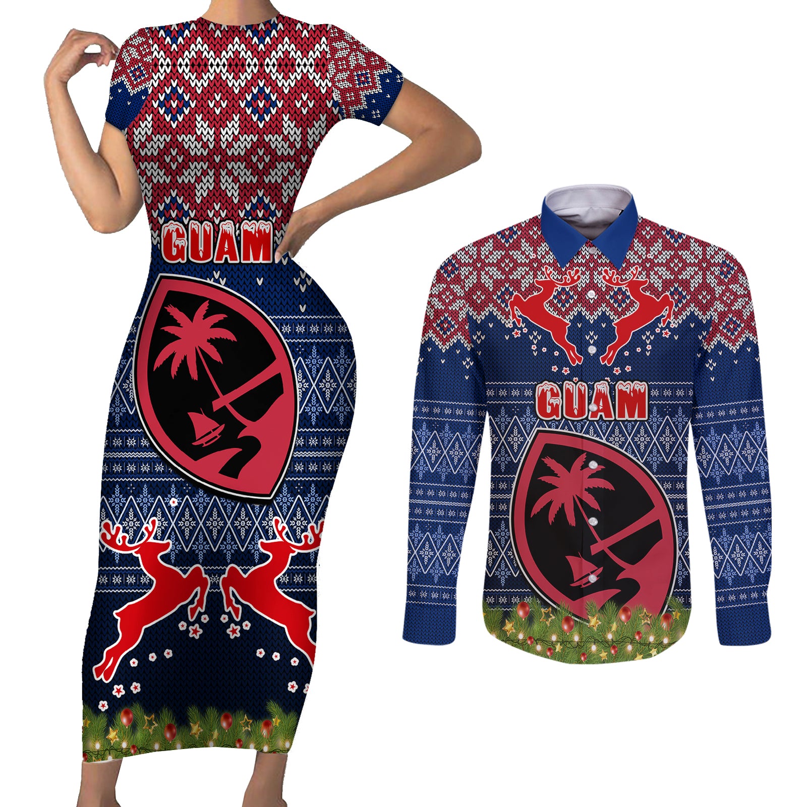 Personalised Guam Christmas Couples Matching Short Sleeve Bodycon Dress and Long Sleeve Button Shirts Chamorro Guam Tattoos Beautiful Merry Xmas Snowflake LT03 Blue - Polynesian Pride