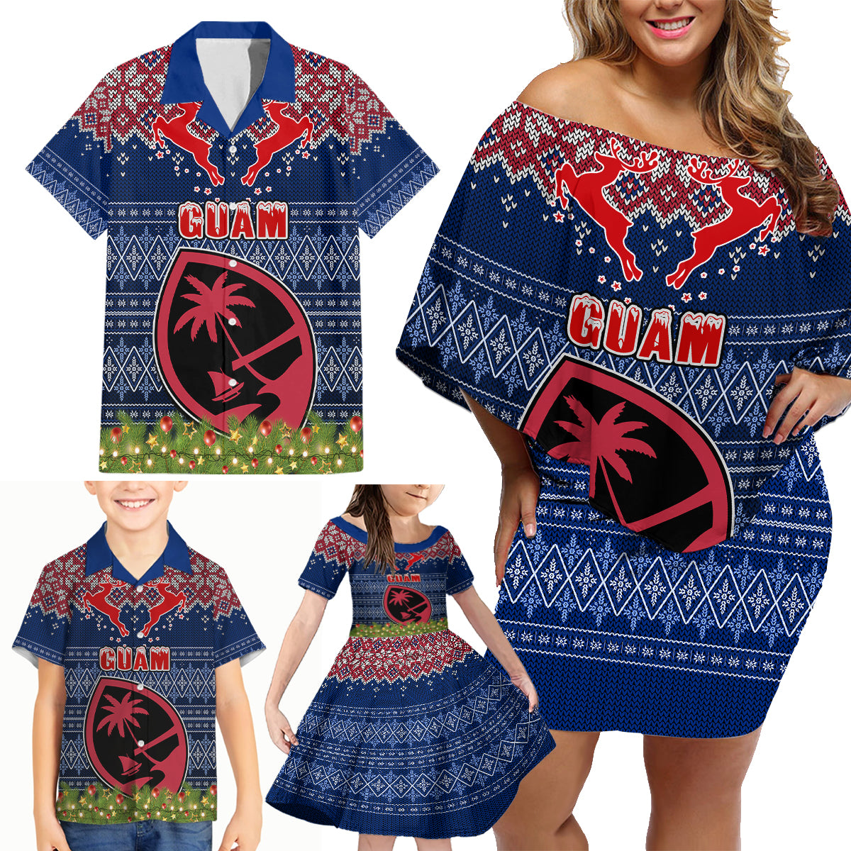 Personalised Guam Christmas Family Matching Off Shoulder Short Dress and Hawaiian Shirt Chamorro Guam Tattoos Beautiful Merry Xmas Snowflake LT03 - Polynesian Pride