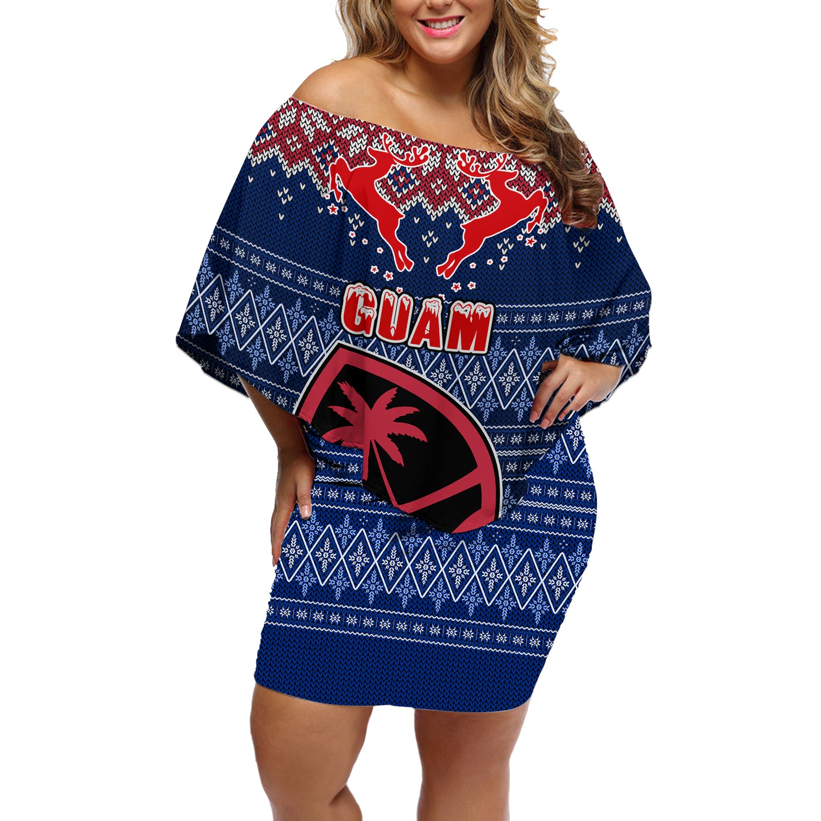 Personalised Guam Christmas Off Shoulder Short Dress Chamorro Guam Tattoos Beautiful Merry Xmas Snowflake LT03 Women Blue - Polynesian Pride
