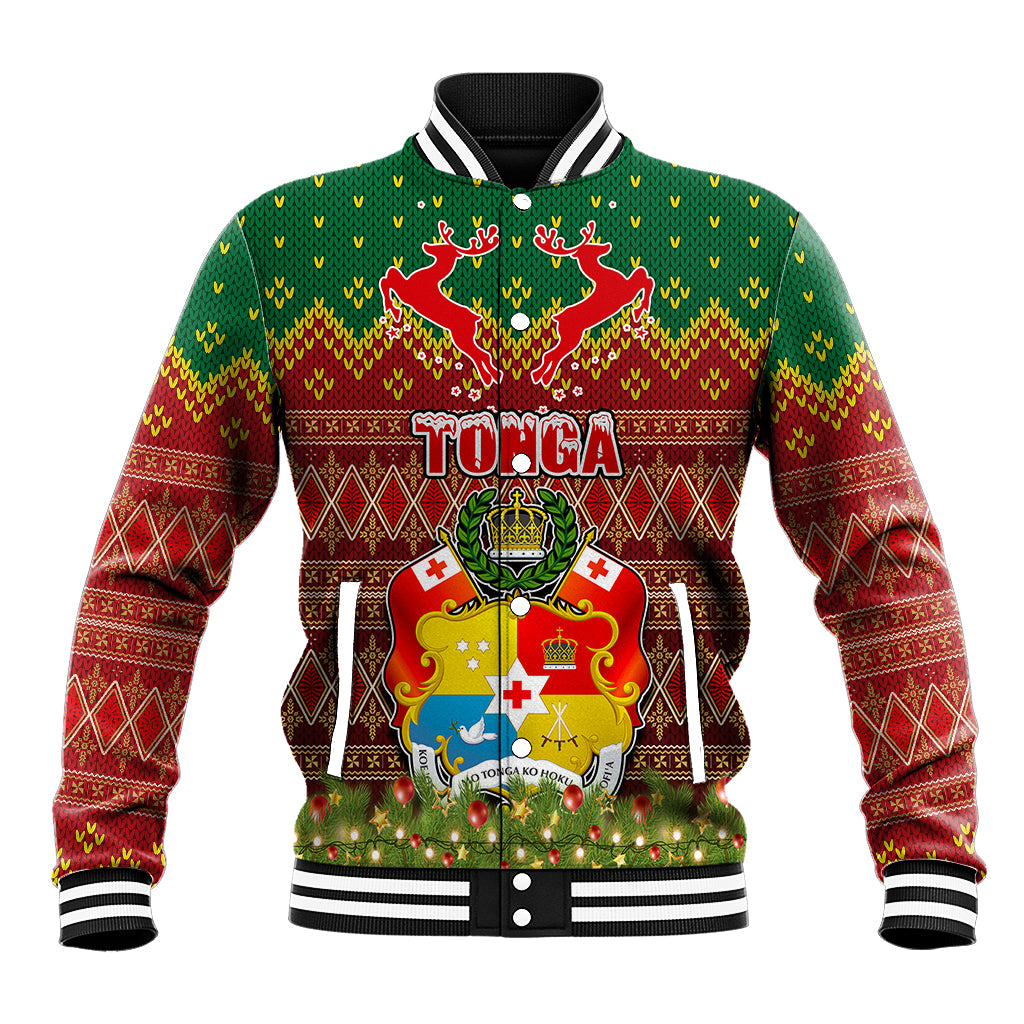 Personalised Tonga Christmas Baseball Jacket Coat of Arms and Map Beautiful Merry Xmas Snowflake LT03 Unisex Red - Polynesian Pride
