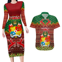 Personalised Tonga Christmas Couples Matching Long Sleeve Bodycon Dress and Hawaiian Shirt Coat of Arms and Map Beautiful Merry Xmas Snowflake LT03 Red - Polynesian Pride