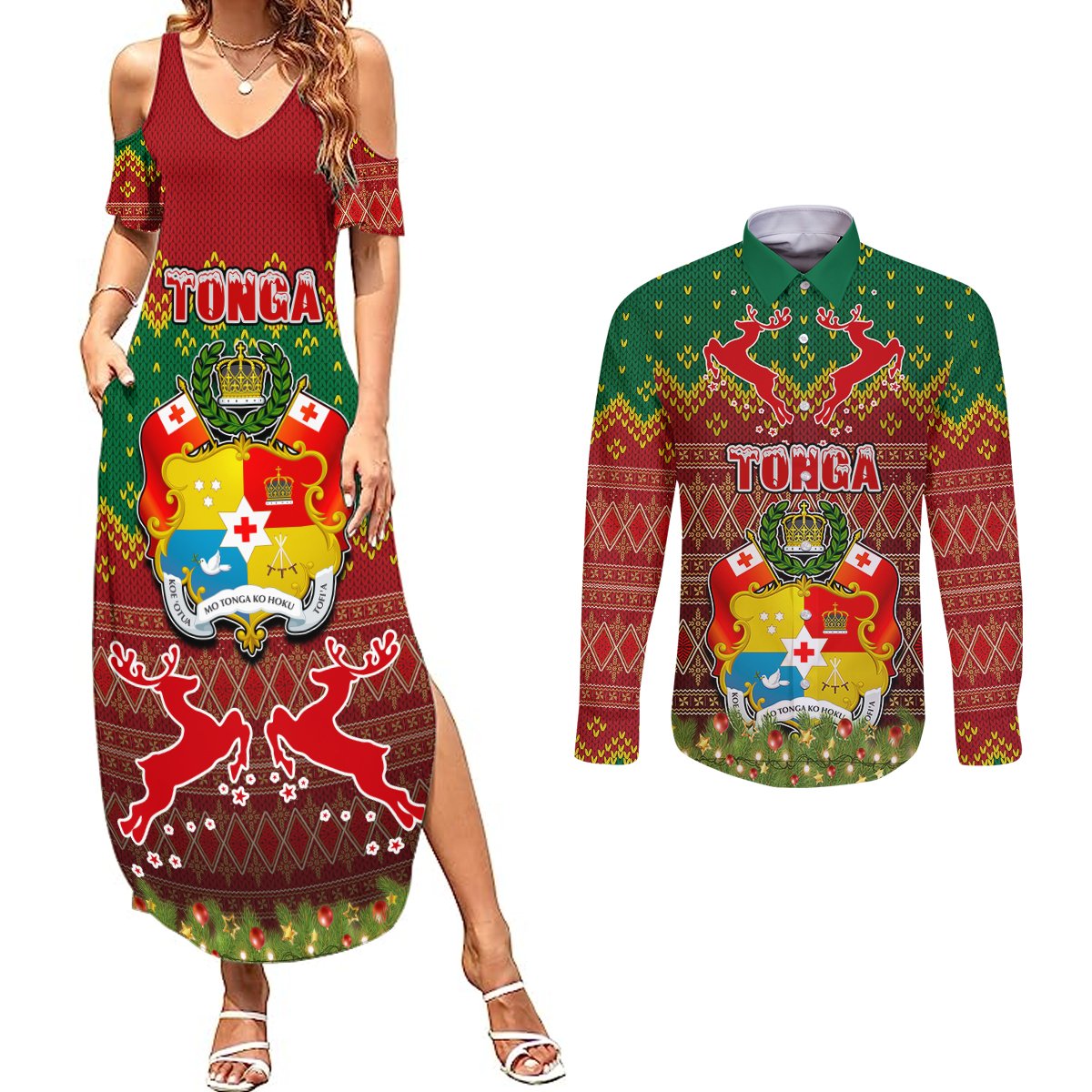 Personalised Tonga Christmas Couples Matching Summer Maxi Dress and Long Sleeve Button Shirts Coat of Arms and Map Beautiful Merry Xmas Snowflake LT03 Red - Polynesian Pride