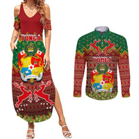 Personalised Tonga Christmas Couples Matching Summer Maxi Dress and Long Sleeve Button Shirts Coat of Arms and Map Beautiful Merry Xmas Snowflake LT03 Red - Polynesian Pride
