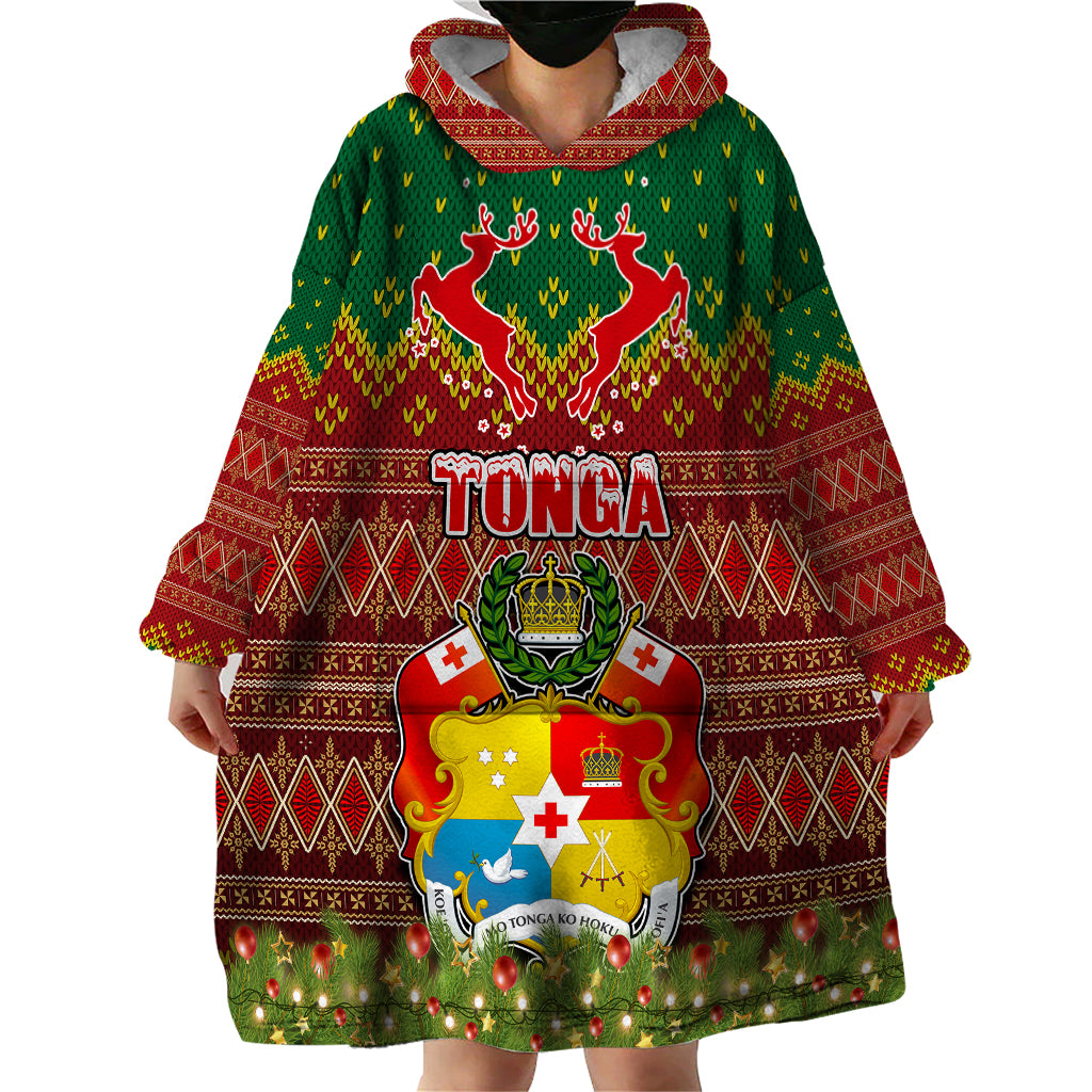 Personalised Tonga Christmas Wearable Blanket Hoodie Coat of Arms and Map Beautiful Merry Xmas Snowflake LT03 - Polynesian Pride