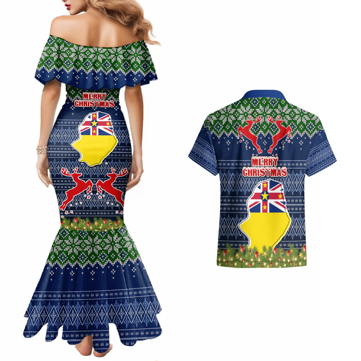 Niue Christmas Couples Matching Mermaid Dress and Hawaiian Shirt Coat of Arms and Map Beautiful Merry Xmas Snowflake LT03 - Polynesian Pride