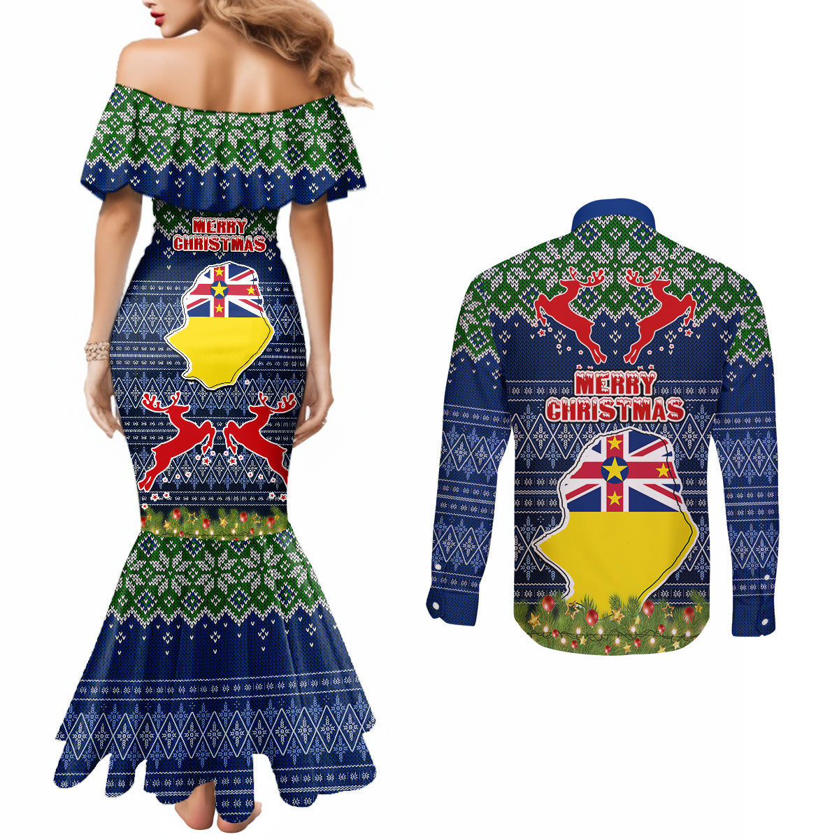 Niue Christmas Couples Matching Mermaid Dress and Long Sleeve Button Shirts Coat of Arms and Map Beautiful Merry Xmas Snowflake LT03 - Polynesian Pride