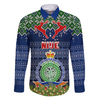 Niue Christmas Family Matching Short Sleeve Bodycon Dress and Hawaiian Shirt Coat of Arms and Map Beautiful Merry Xmas Snowflake LT03 Dad's Shirt - Long Sleeve Blue - Polynesian Pride