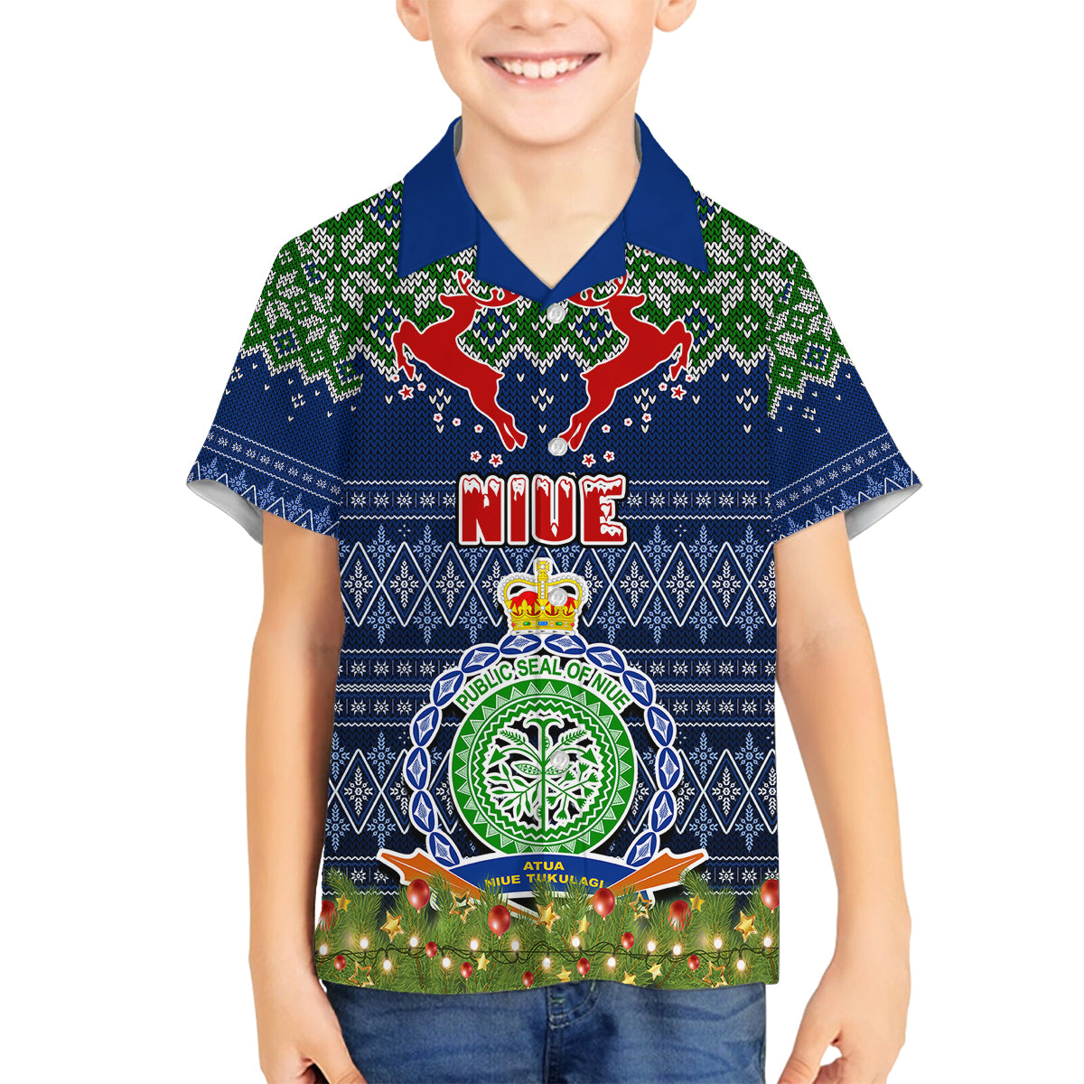Niue Christmas Family Matching Short Sleeve Bodycon Dress and Hawaiian Shirt Coat of Arms and Map Beautiful Merry Xmas Snowflake LT03 Son's Shirt Blue - Polynesian Pride