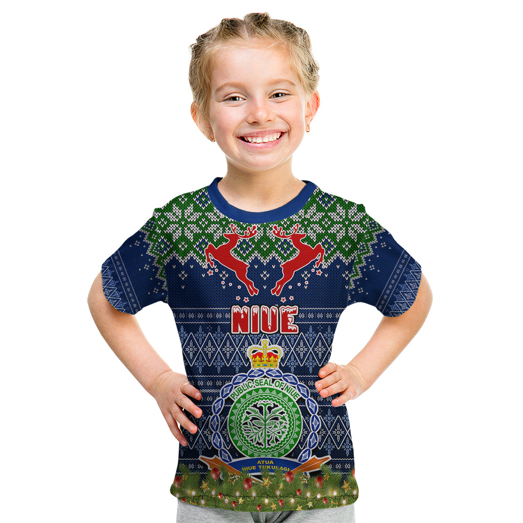 Niue Christmas Kid T Shirt Coat of Arms and Map Beautiful Merry Xmas Snowflake LT03 Blue - Polynesian Pride