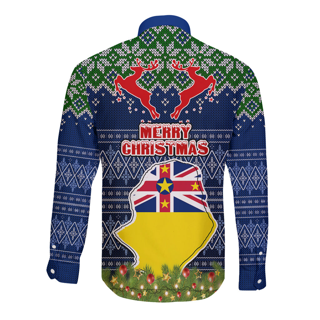 Niue Christmas Long Sleeve Button Shirt Coat of Arms and Map Beautiful Merry Xmas Snowflake LT03 - Polynesian Pride