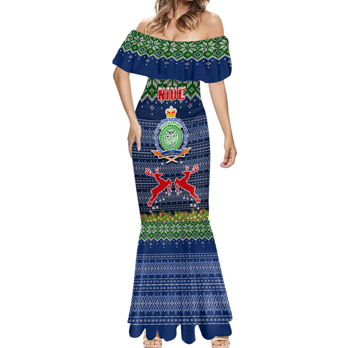Niue Christmas Mermaid Dress Coat of Arms and Map Beautiful Merry Xmas Snowflake LT03 - Polynesian Pride
