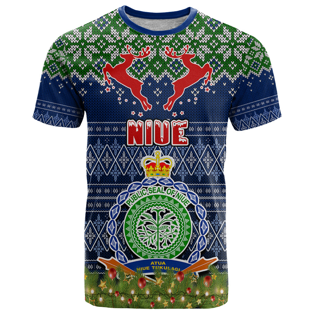 Niue Christmas T Shirt Coat of Arms and Map Beautiful Merry Xmas Snowflake LT03 Blue - Polynesian Pride