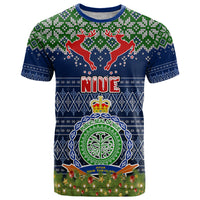 Niue Christmas T Shirt Coat of Arms and Map Beautiful Merry Xmas Snowflake LT03 Blue - Polynesian Pride