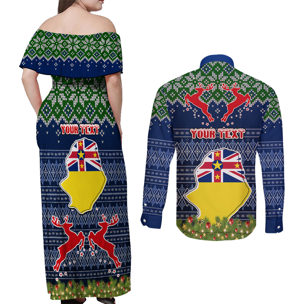 Personalised Niue Christmas Couples Matching Off Shoulder Maxi Dress and Long Sleeve Button Shirts Coat of Arms and Map Beautiful Merry Xmas Snowflake LT03 - Polynesian Pride