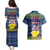 Personalised Niue Christmas Couples Matching Puletasi Dress and Hawaiian Shirt Coat of Arms and Map Beautiful Merry Xmas Snowflake LT03 - Polynesian Pride