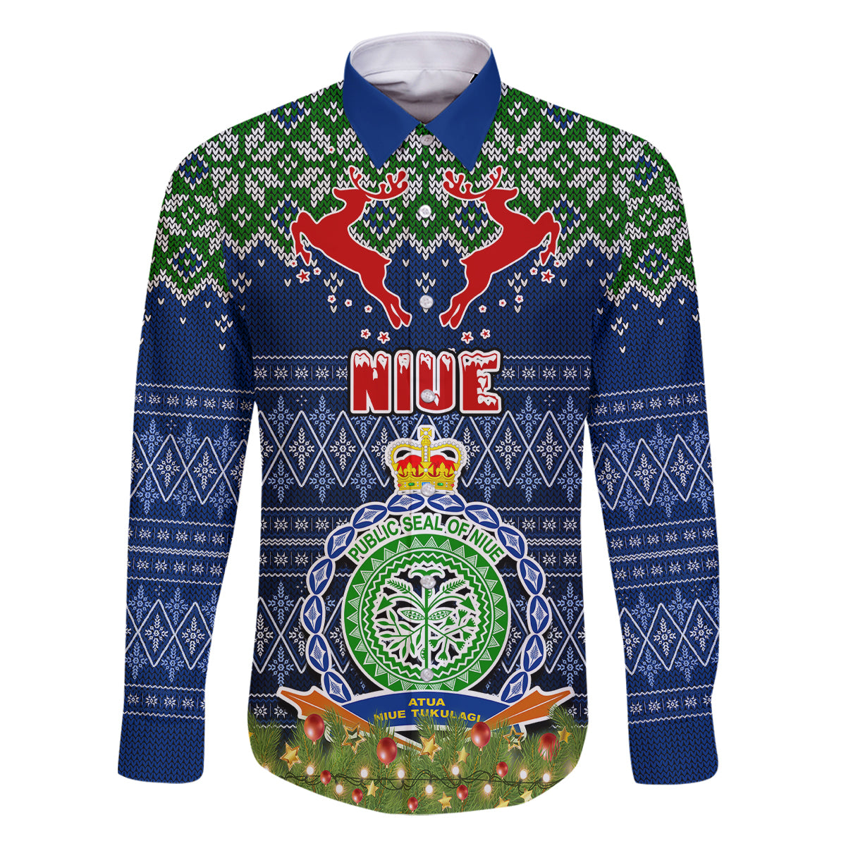 Personalised Niue Christmas Family Matching Off Shoulder Long Sleeve Dress and Hawaiian Shirt Coat of Arms and Map Beautiful Merry Xmas Snowflake LT03 Dad's Shirt - Long Sleeve Blue - Polynesian Pride