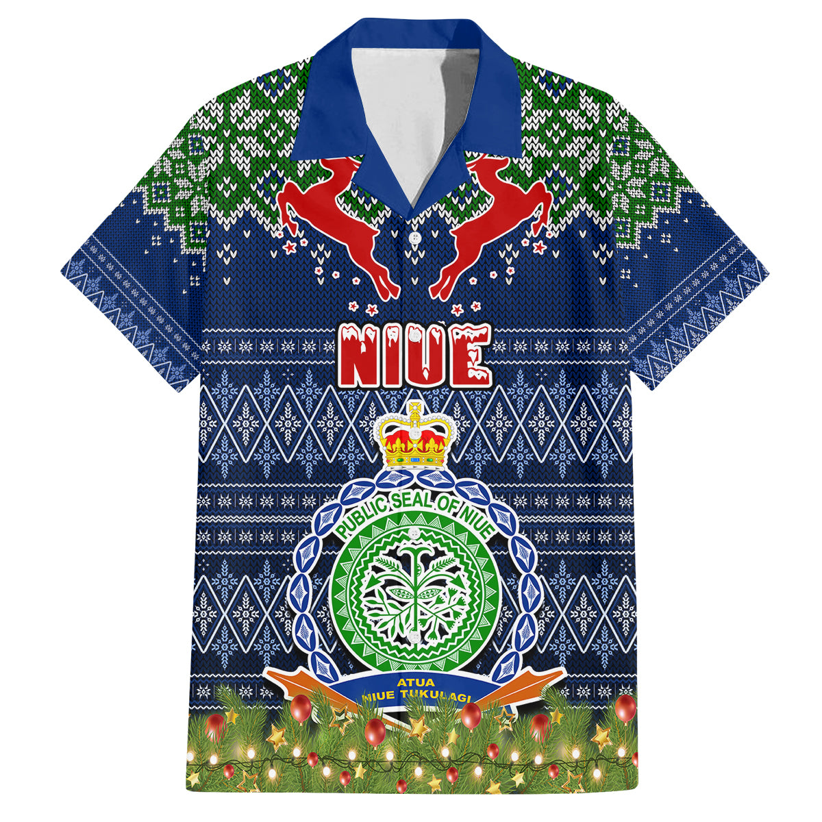 Personalised Niue Christmas Family Matching Short Sleeve Bodycon Dress and Hawaiian Shirt Coat of Arms and Map Beautiful Merry Xmas Snowflake LT03 Dad's Shirt - Short Sleeve Blue - Polynesian Pride