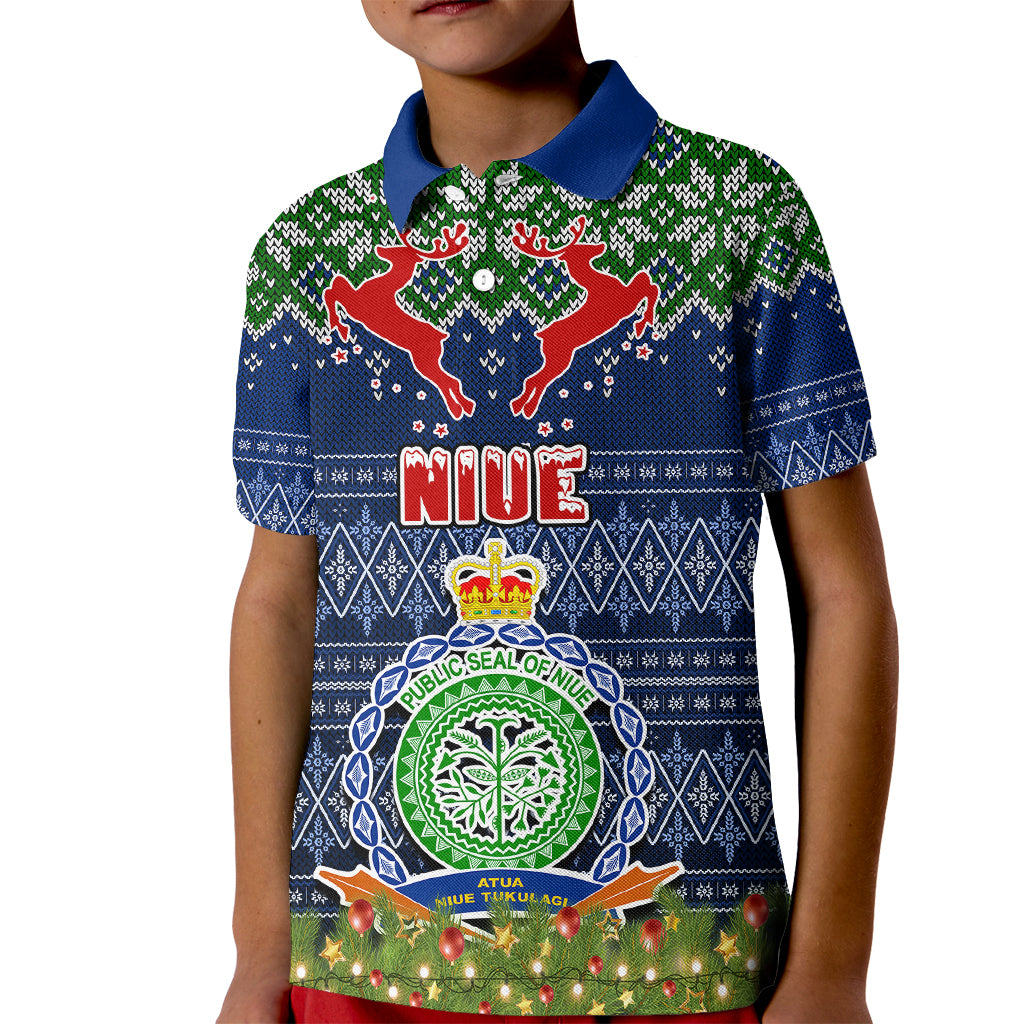 Personalised Niue Christmas Kid Polo Shirt Coat of Arms and Map Beautiful Merry Xmas Snowflake LT03 Kid Blue - Polynesian Pride