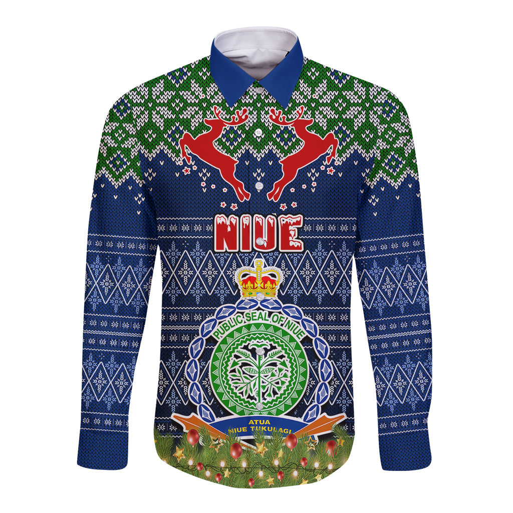 Personalised Niue Christmas Long Sleeve Button Shirt Coat of Arms and Map Beautiful Merry Xmas Snowflake LT03 Unisex Blue - Polynesian Pride