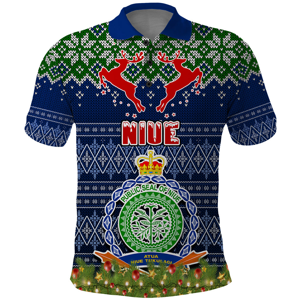 Personalised Niue Christmas Polo Shirt Coat of Arms and Map Beautiful Merry Xmas Snowflake LT03 Blue - Polynesian Pride