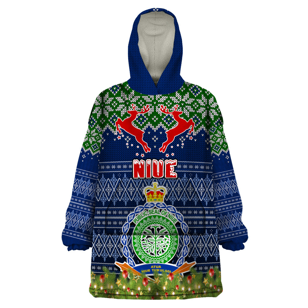 Personalised Niue Christmas Wearable Blanket Hoodie Coat of Arms and Map Beautiful Merry Xmas Snowflake LT03 One Size Blue - Polynesian Pride