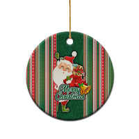 Kiribati Christmas Ceramic Ornament Santa With Gift Bag Behind Ribbons Seamless Green Maori LT03 - Polynesian Pride