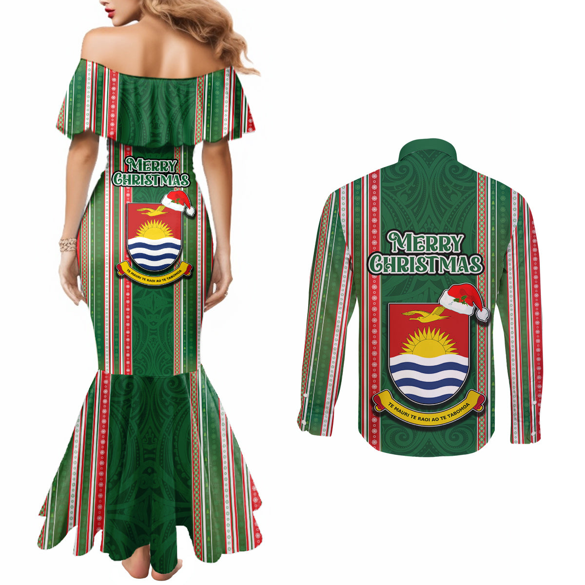 Kiribati Christmas Couples Matching Mermaid Dress and Long Sleeve Button Shirts Santa With Gift Bag Behind Ribbons Seamless Green Maori LT03 - Polynesian Pride