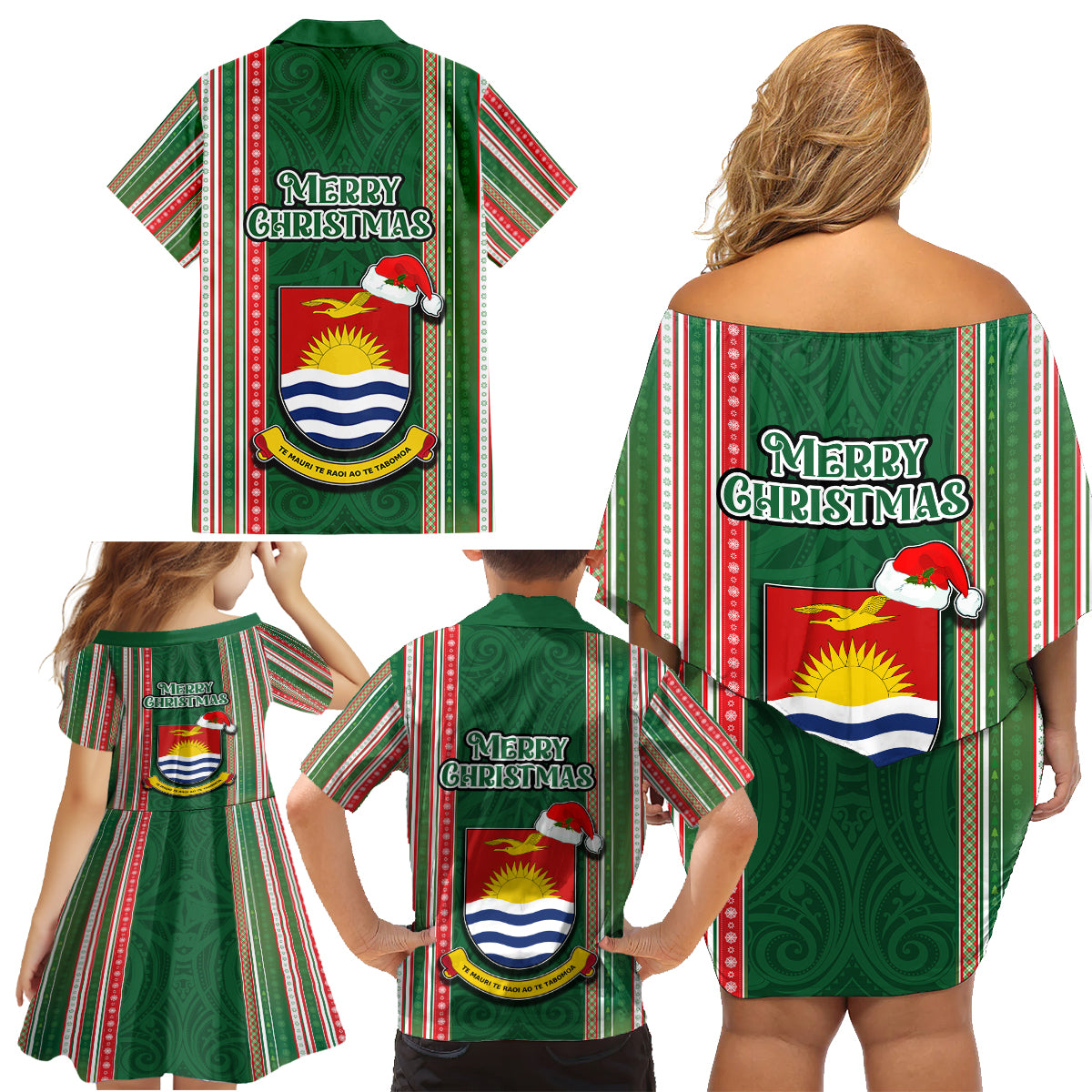 Kiribati Christmas Family Matching Off Shoulder Short Dress and Hawaiian Shirt Santa With Gift Bag Behind Ribbons Seamless Green Maori LT03 - Polynesian Pride