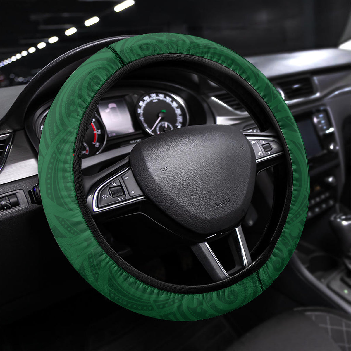 Kiribati Christmas Steering Wheel Cover Santa With Gift Bag Behind Ribbons Seamless Green Maori