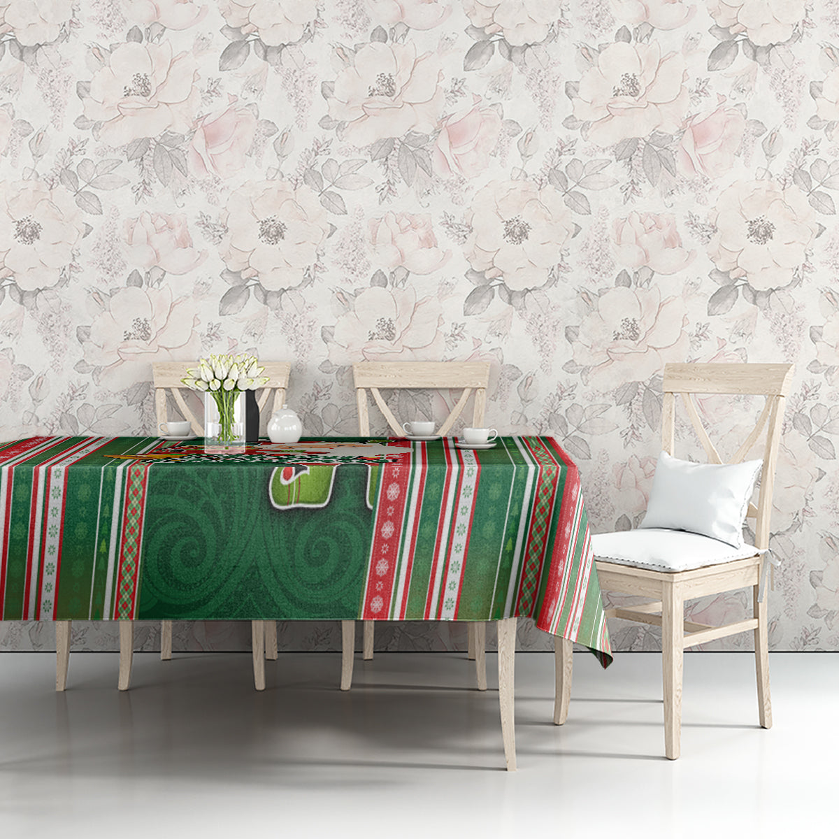 Kiribati Christmas Tablecloth Santa With Gift Bag Behind Ribbons Seamless Green Maori LT03 - Polynesian Pride