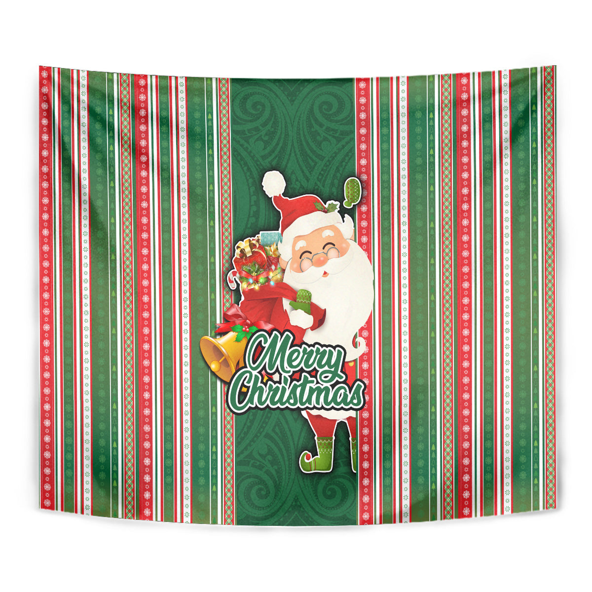 Kiribati Christmas Tapestry Santa With Gift Bag Behind Ribbons Seamless Green Maori LT03 - Polynesian Pride
