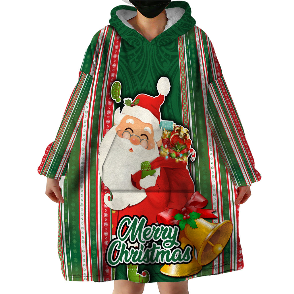 Kiribati Christmas Wearable Blanket Hoodie Santa With Gift Bag Behind Ribbons Seamless Green Maori LT03 - Polynesian Pride