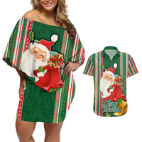 Custom Kiribati Christmas Couples Matching Off Shoulder Short Dress and Hawaiian Shirt Santa With Gift Bag Behind Ribbons Seamless Green Maori LT03 Green - Polynesian Pride