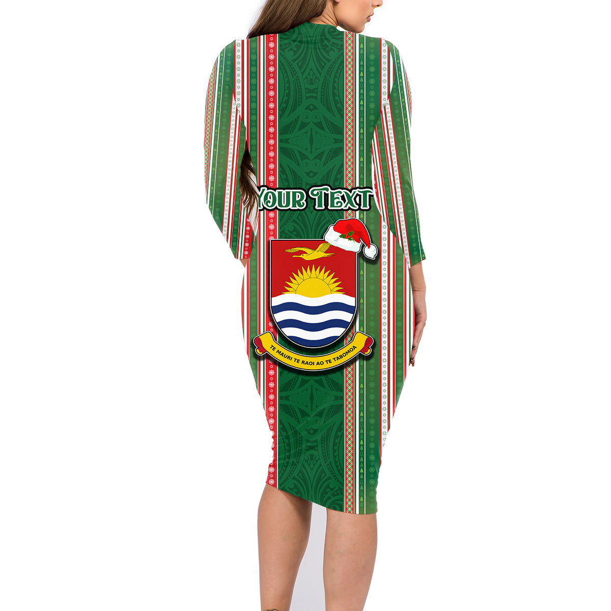 Custom Kiribati Christmas Family Matching Long Sleeve Bodycon Dress and Hawaiian Shirt Santa With Gift Bag Behind Ribbons Seamless Green Maori LT03 - Polynesian Pride