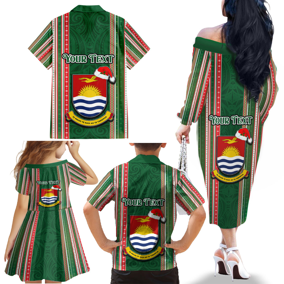 Custom Kiribati Christmas Family Matching Off Shoulder Long Sleeve Dress and Hawaiian Shirt Santa With Gift Bag Behind Ribbons Seamless Green Maori LT03 - Polynesian Pride