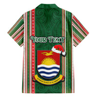 Custom Kiribati Christmas Family Matching Off Shoulder Long Sleeve Dress and Hawaiian Shirt Santa With Gift Bag Behind Ribbons Seamless Green Maori LT03 - Polynesian Pride