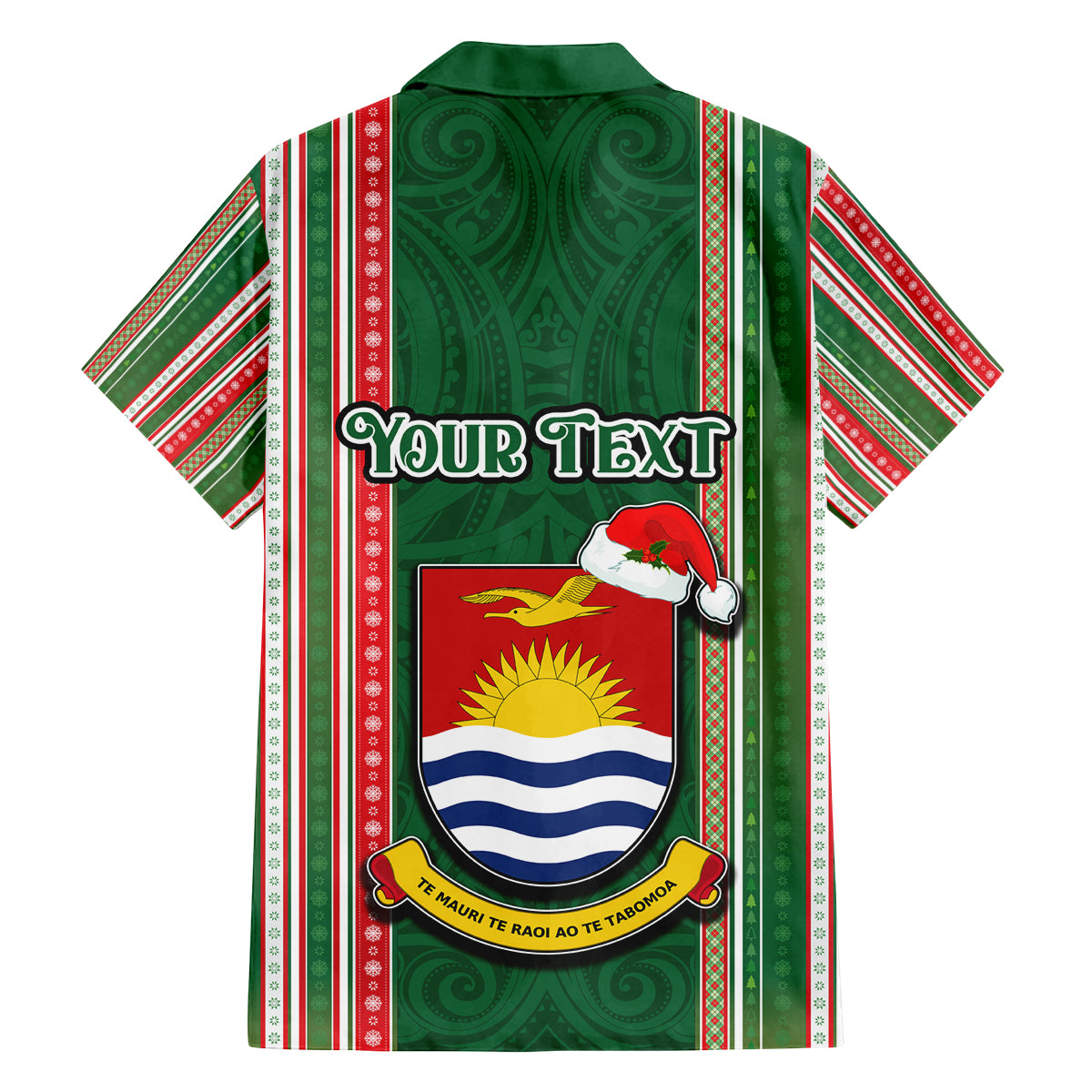 Custom Kiribati Christmas Family Matching Summer Maxi Dress and Hawaiian Shirt Santa With Gift Bag Behind Ribbons Seamless Green Maori LT03 - Polynesian Pride