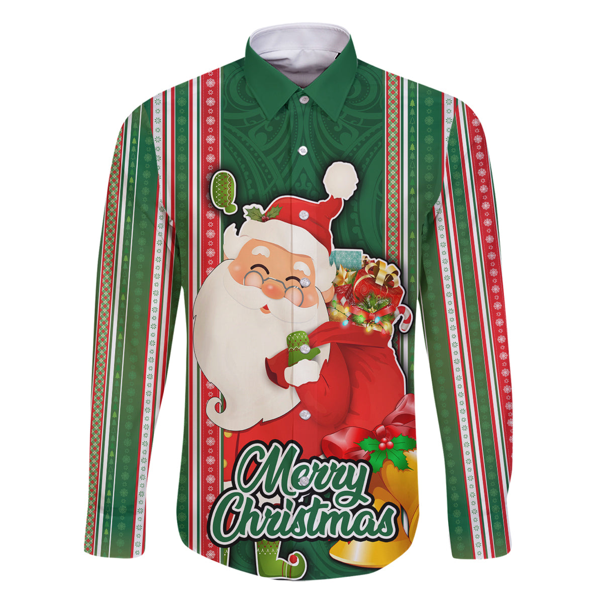 Custom Kiribati Christmas Family Matching Summer Maxi Dress and Hawaiian Shirt Santa With Gift Bag Behind Ribbons Seamless Green Maori LT03 Dad's Shirt - Long Sleeve Green - Polynesian Pride
