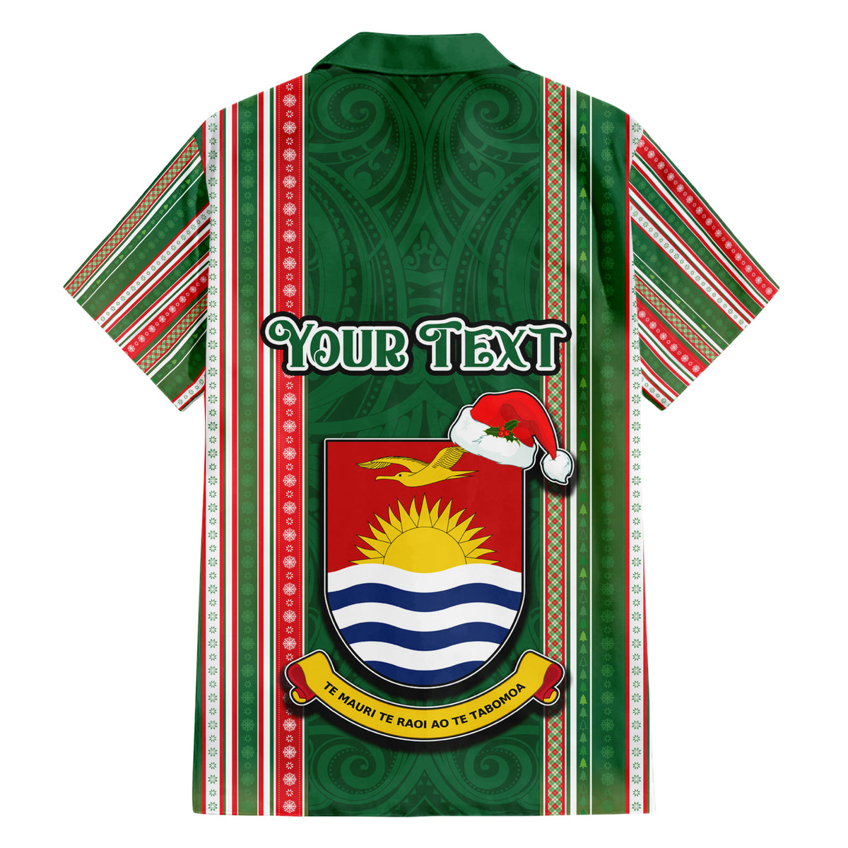 Custom Kiribati Christmas Hawaiian Shirt Santa With Gift Bag Behind Ribbons Seamless Green Maori LT03 - Polynesian Pride