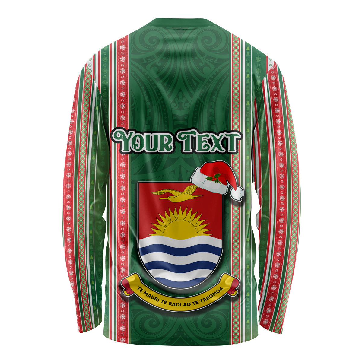 Custom Kiribati Christmas Long Sleeve Shirt Santa With Gift Bag Behind Ribbons Seamless Green Maori LT03 - Polynesian Pride
