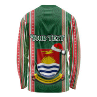 Custom Kiribati Christmas Long Sleeve Shirt Santa With Gift Bag Behind Ribbons Seamless Green Maori LT03 - Polynesian Pride