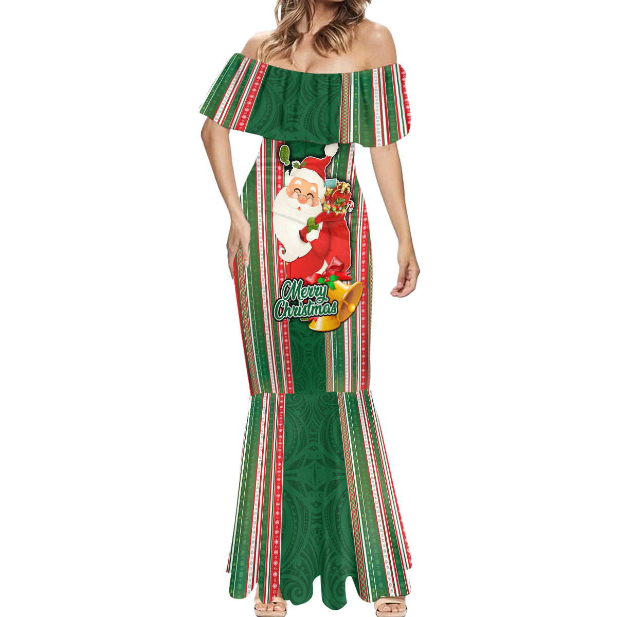 Custom Kiribati Christmas Mermaid Dress Santa With Gift Bag Behind Ribbons Seamless Green Maori LT03 - Polynesian Pride