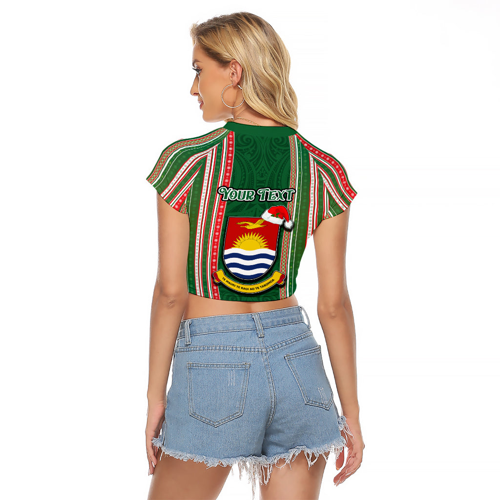 Custom Kiribati Christmas Raglan Cropped T Shirt Santa With Gift Bag Behind Ribbons Seamless Green Maori LT03 - Polynesian Pride